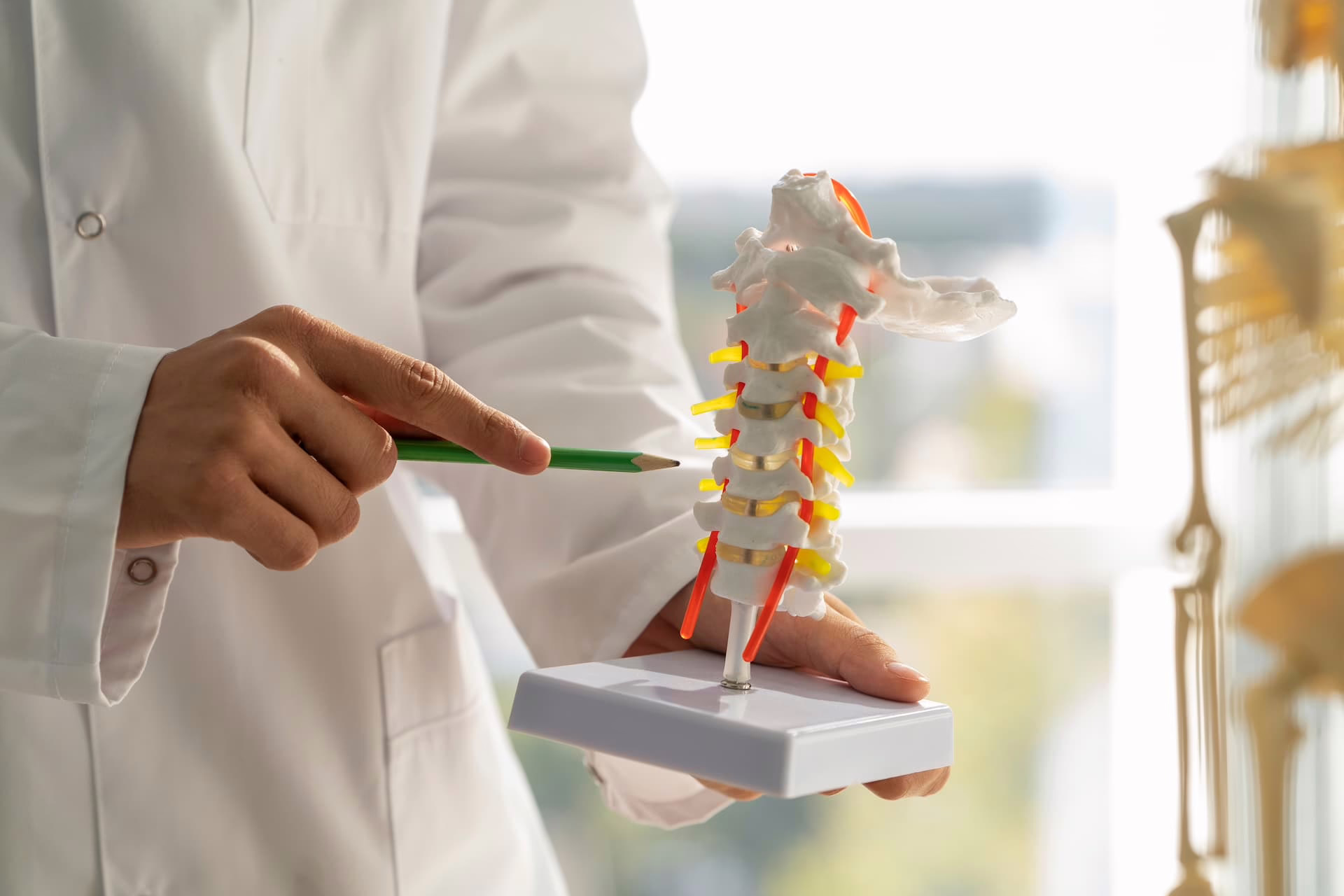 Chiropractor pointing at a spine model to explain spinal health – livewellchiro