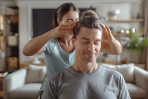 Therapist guiding patient through rehabilitation exercise session