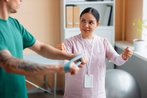 Chiropractor explaining treatment plan to male patient during first visit