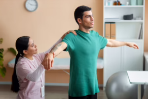 Physical therapist providing hands on treatment for pain relief and improved mobility
